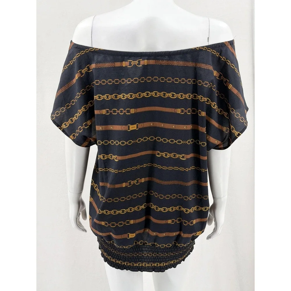 Michael Kors Top Womens 2X Navy Chain Belt Off the‎ Shoulder Equestrian Sheer